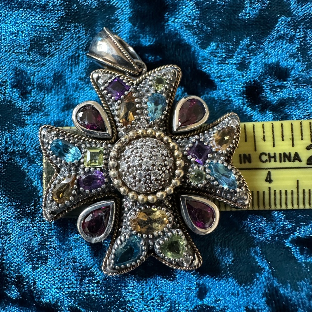 EFFY Sterling Silver and 18k Yellow Gold Multi Gemstone & Diamond Cross Pendant - Picture 8 of 12